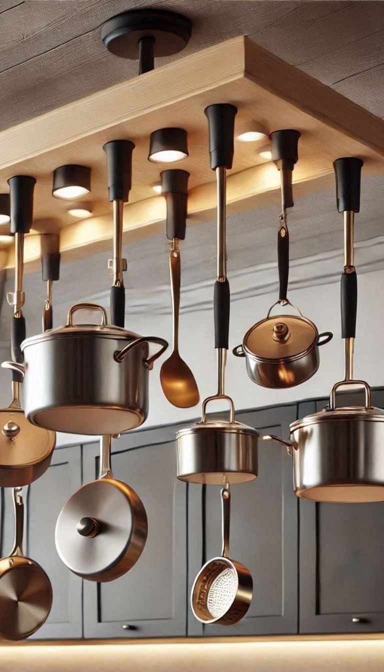 11+ Genius Hanging Cookware Storage Ideas 3 Ceiling-Mounted Pot Rack