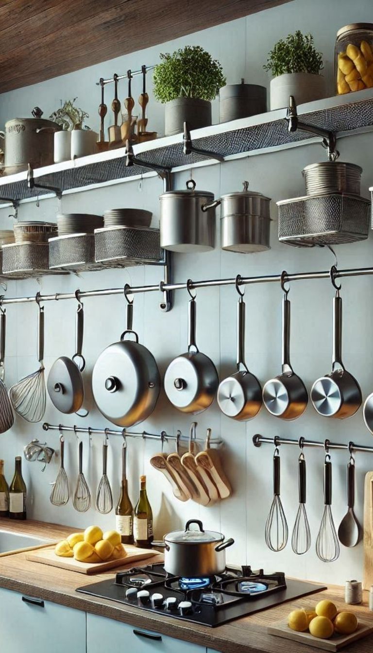 11+ Genius Hanging Cookware Storage Ideas 9 Rail Systems with Hooks
