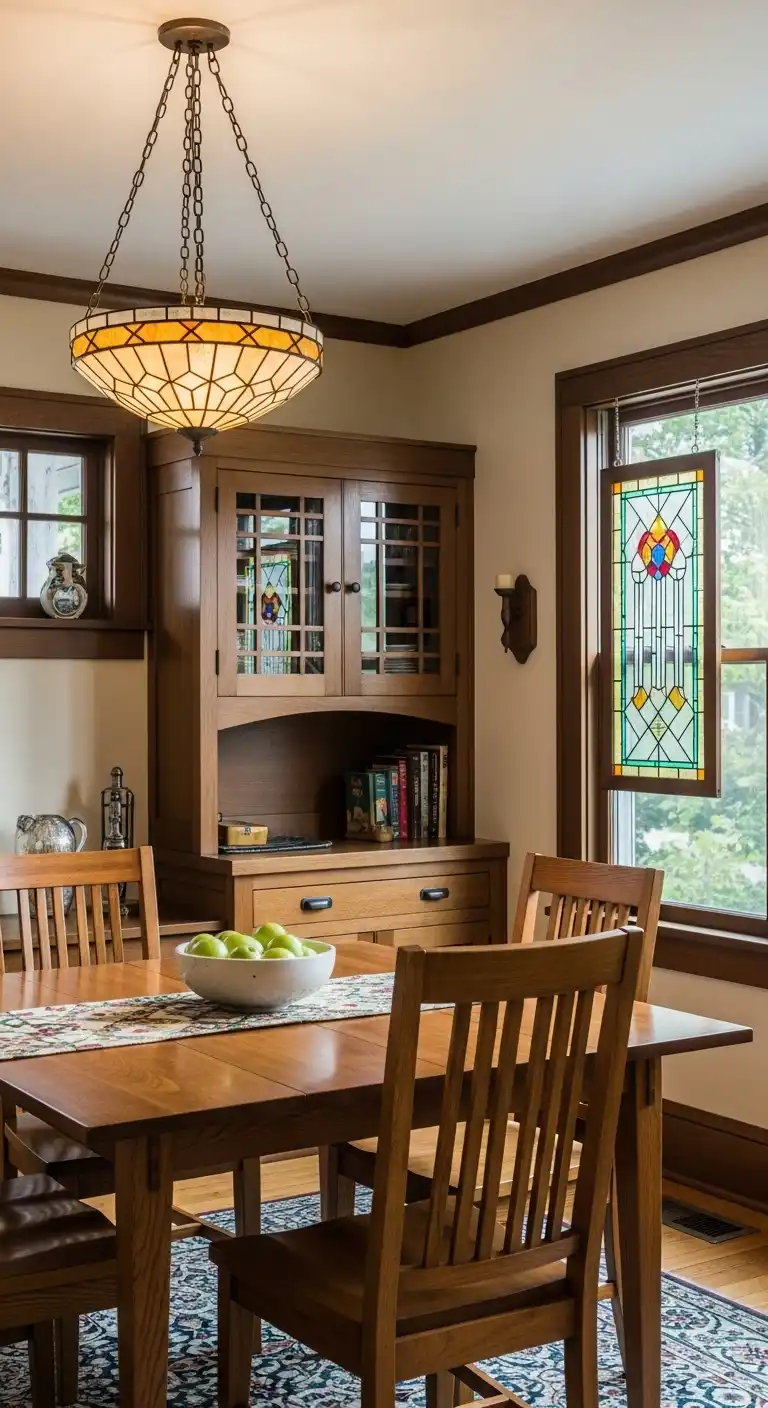9 Craftsman Dining Room Ideas for a Timeless, Cozy Space 4 3. Stained Glass Accents for Vintage Charm