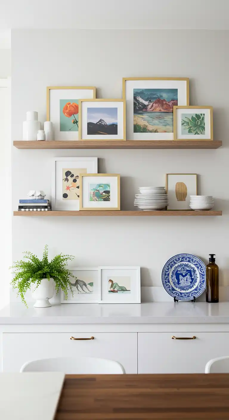 7 Modern Kitchen Wall Art Ideas for a Sleek and Chic Space 4 3. Floating Shelves with Curated Artwork
