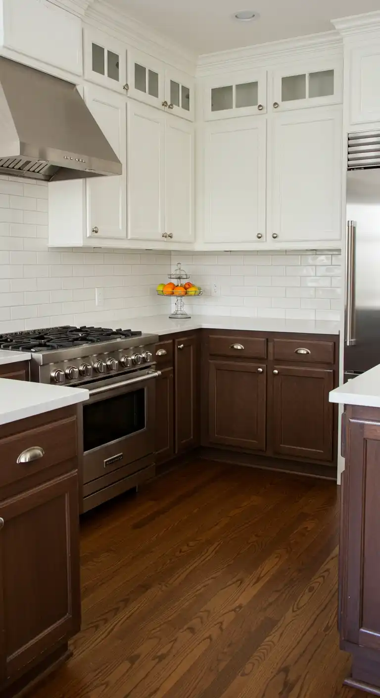 8 Harmonious Kitchen Cabinet Color Ideas with Brown Floor 6 5. Two-Tone Brown and White for a Balanced Contrast