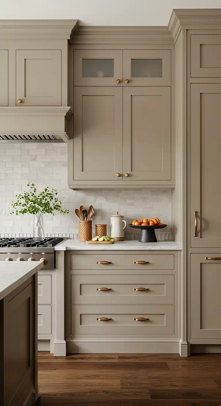 8 Harmonious Kitchen Cabinet Color Ideas with Brown Floor 7 6. Soft Taupe for a Warm, Neutral Vibe