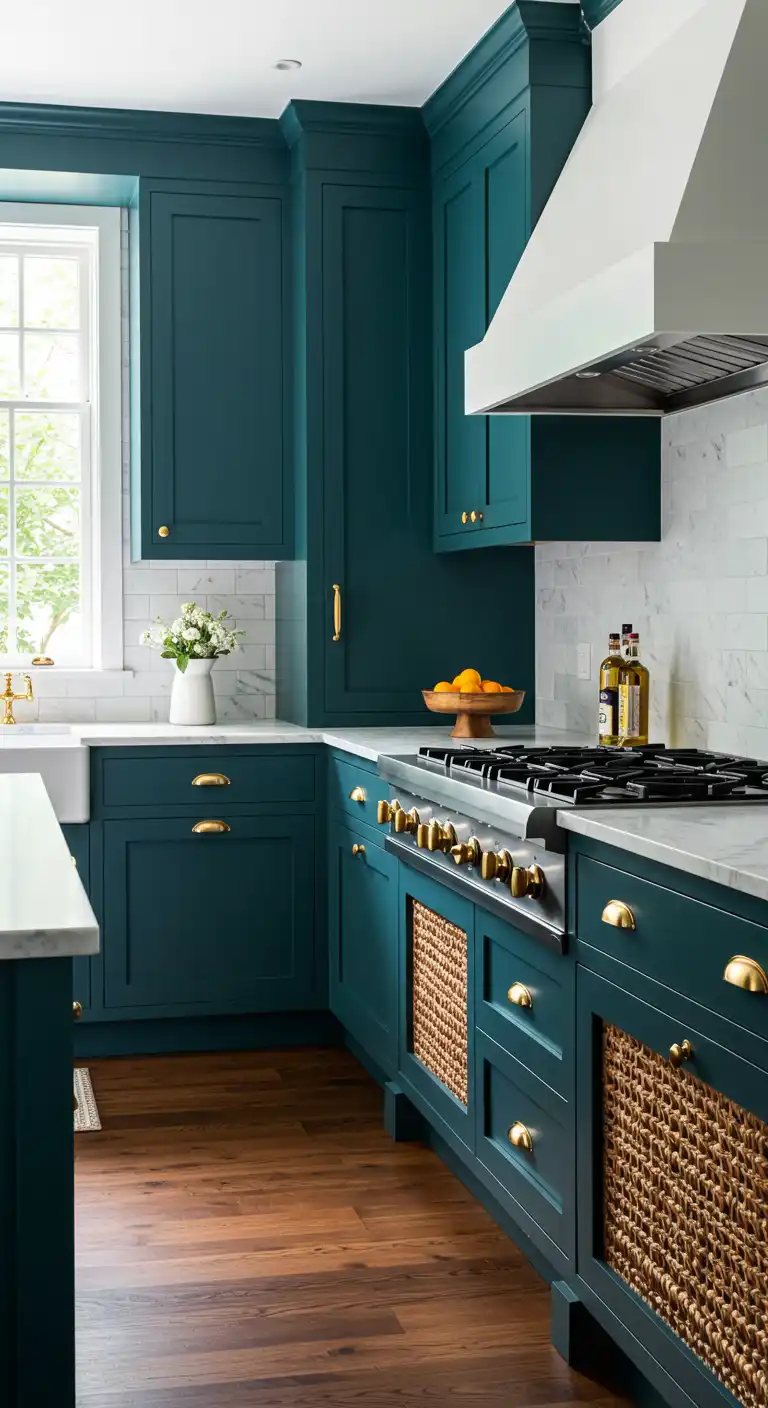 8 Harmonious Kitchen Cabinet Color Ideas with Brown Floor 8 7. Deep Teal for a Unique, Vibrant Touch