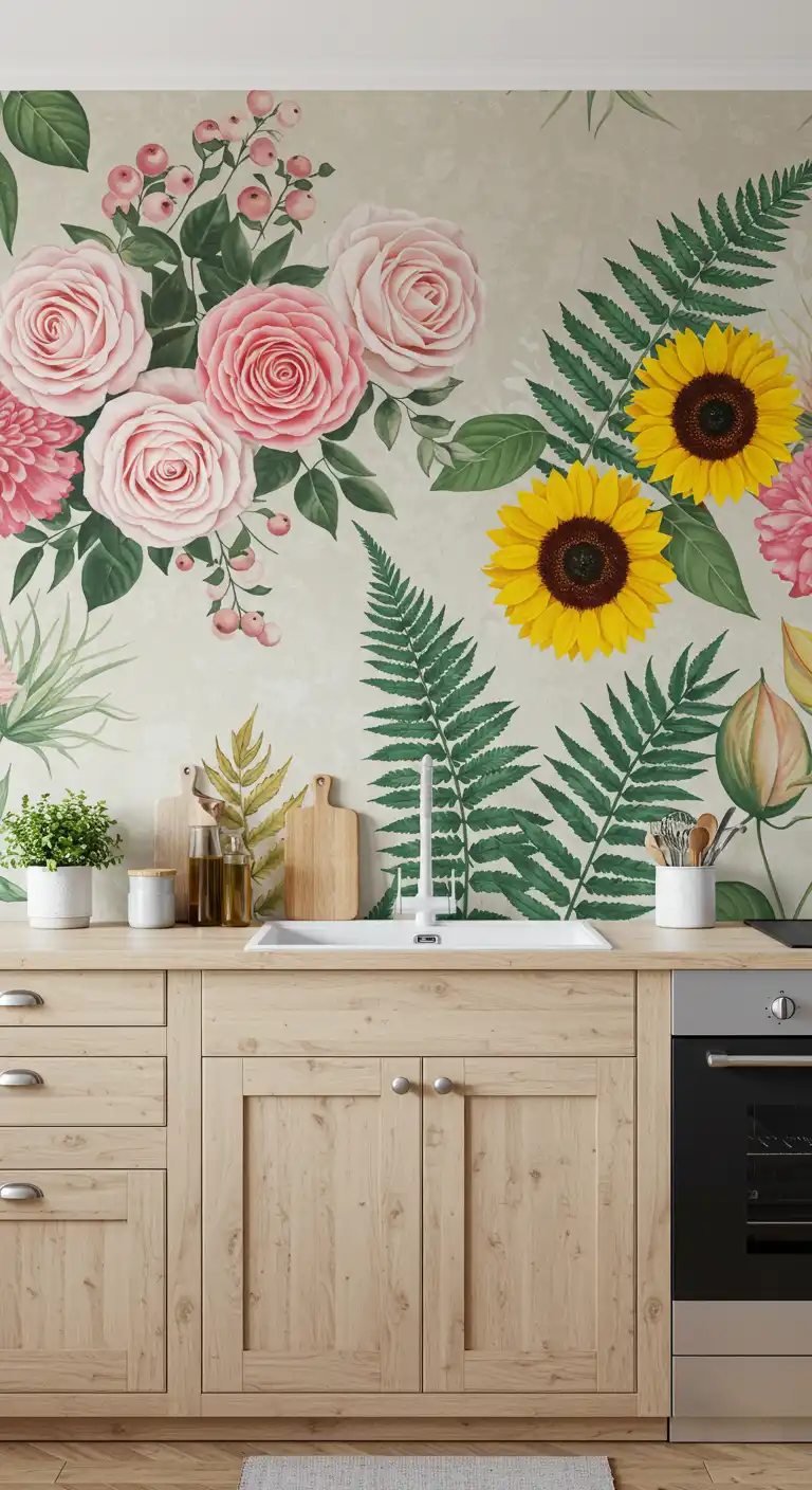15 Stunning Kitchen Wall Mural Ideas for a Unique Touch 2 1. Floral and Botanical Murals