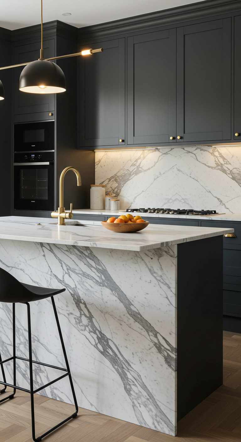 13 Compact One Wall Kitchen With Island Ideas 11 10. Waterfall Edge Island