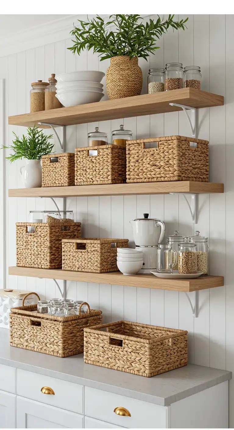 Floating Shelves with Woven Baskets (2)