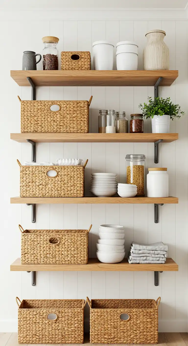 Floating Shelves with Woven Baskets