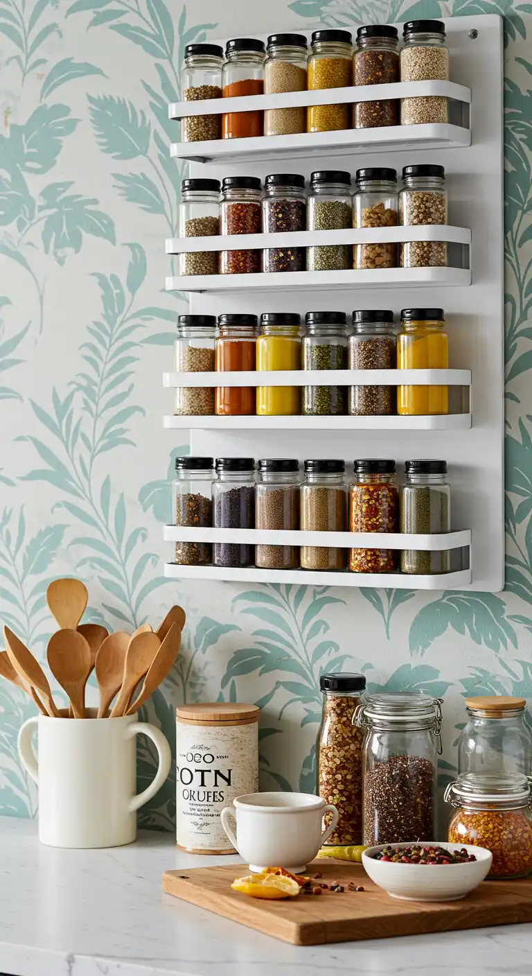 Wall-Mounted Spice Racks with Glass Jars