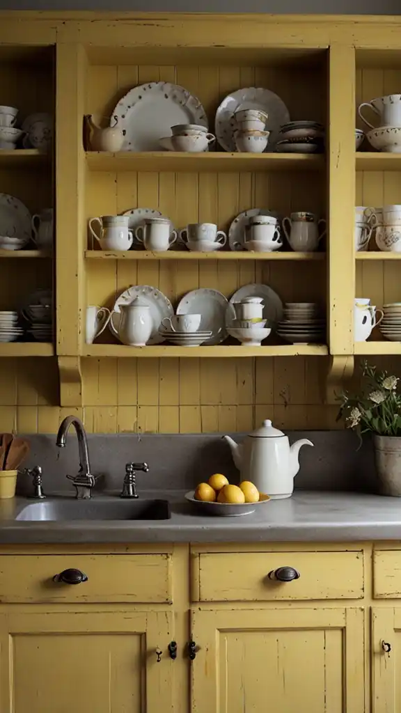 13 Vintage Yellow Kitchen Ideas to Brighten Your Home 2 1) Buttery Yellow Cabinetry with Distressed Finish