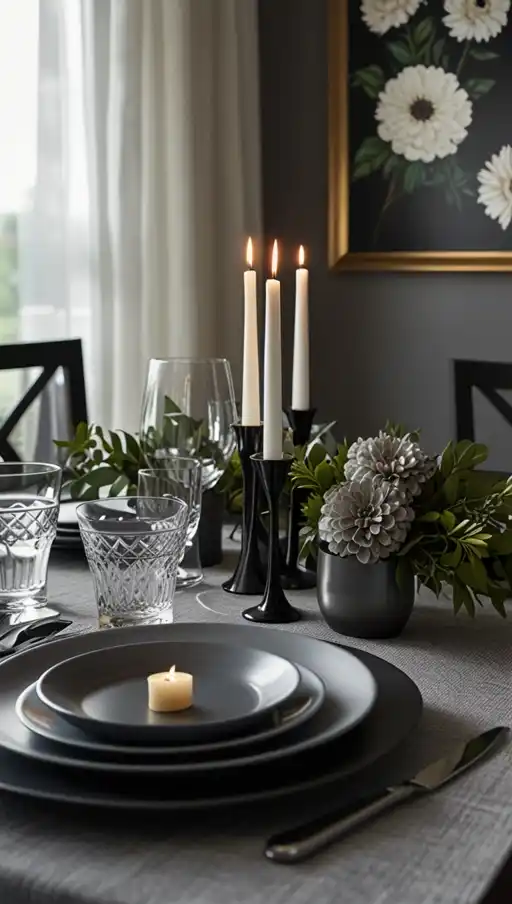 21 Chic Black Dining Table Decor Ideas That Make a Bold Statement 2 1 Monochromatic Elegance with Grey Accents