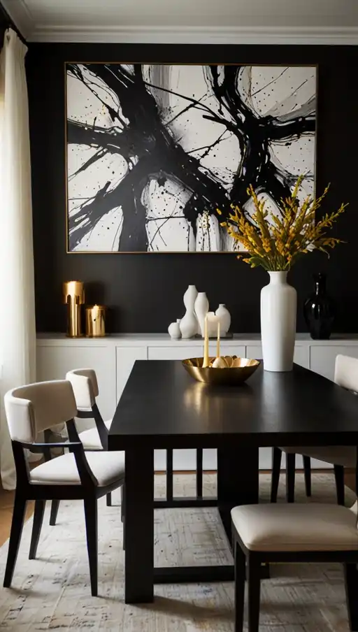 21 Chic Black Dining Table Decor Ideas That Make a Bold Statement 11 10 Artistic Flair with Bold Artwork