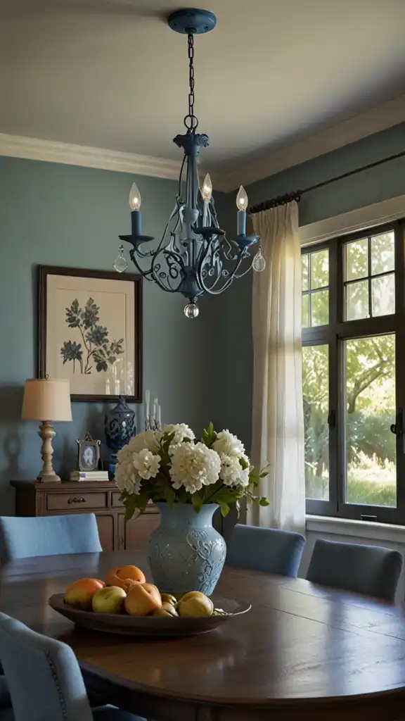 15 Blue French Country Kitchen Ideas for a Charming and Timeless Look 11 10) Blue Wrought-Iron Chandelier
