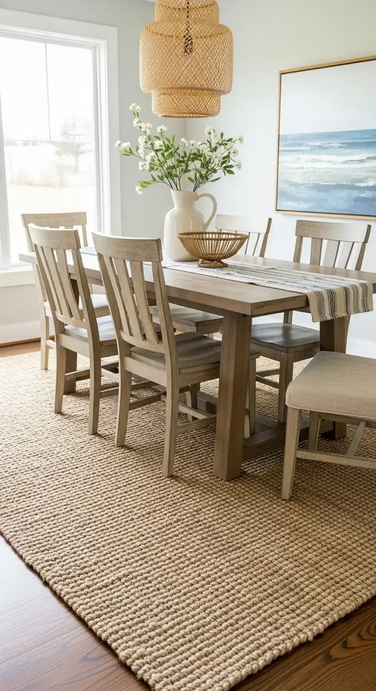 19 Breezy Coastal Dining Room Ideas 11 10 Use a Jute or Sisal Rug