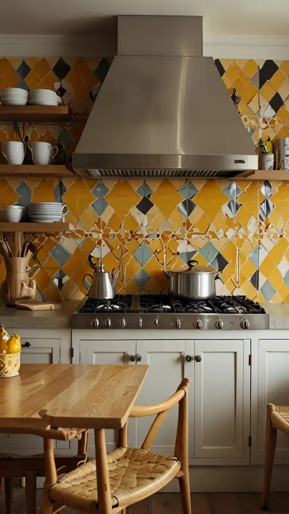 13 Vintage Yellow Kitchen Ideas to Brighten Your Home 11 10) Yellow Harlequin Tile Backsplash