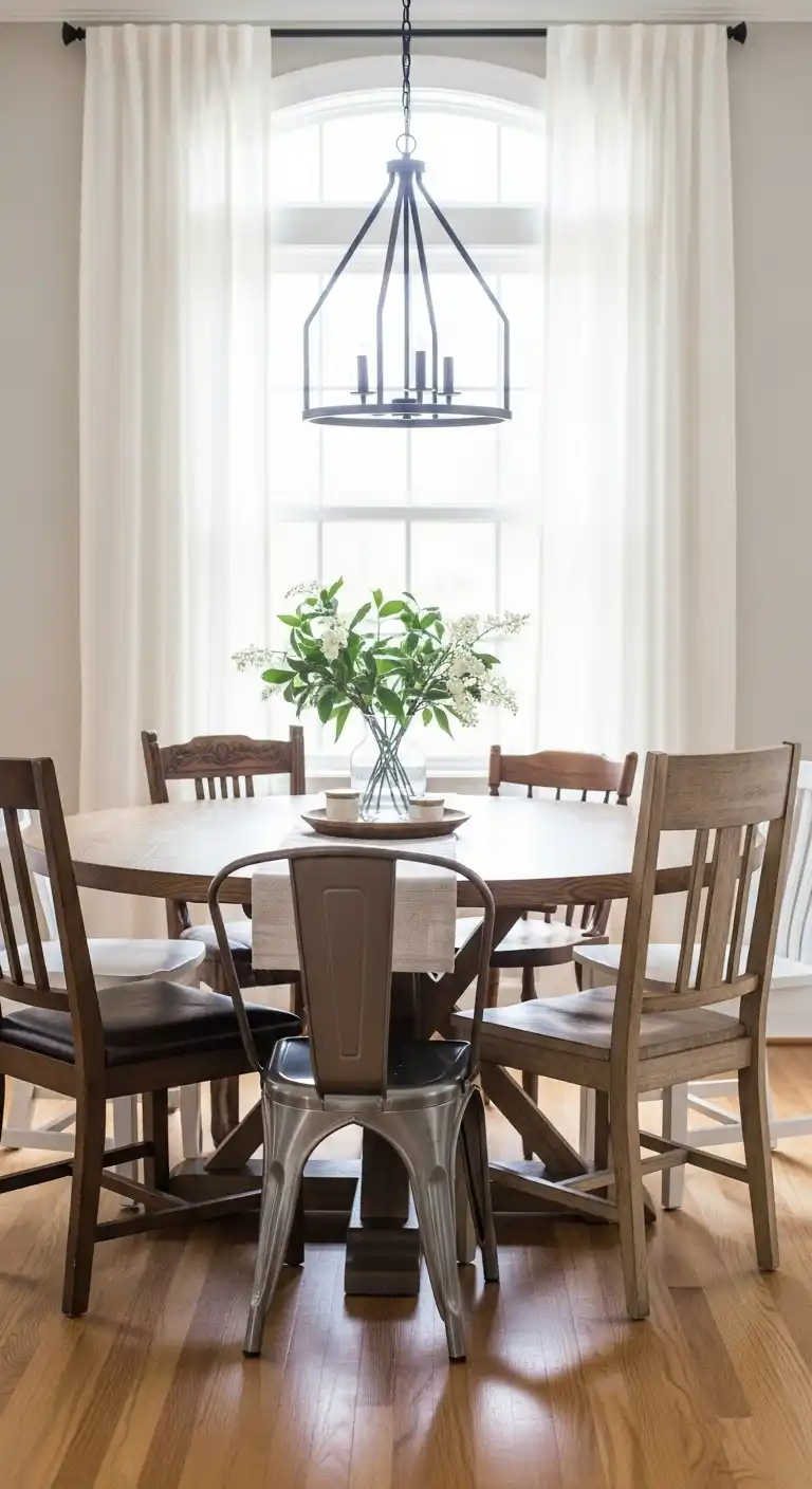 15 Cozy Round Dining Table Ideas for Kitchen Warmth 11 10. Mix and Match Seating