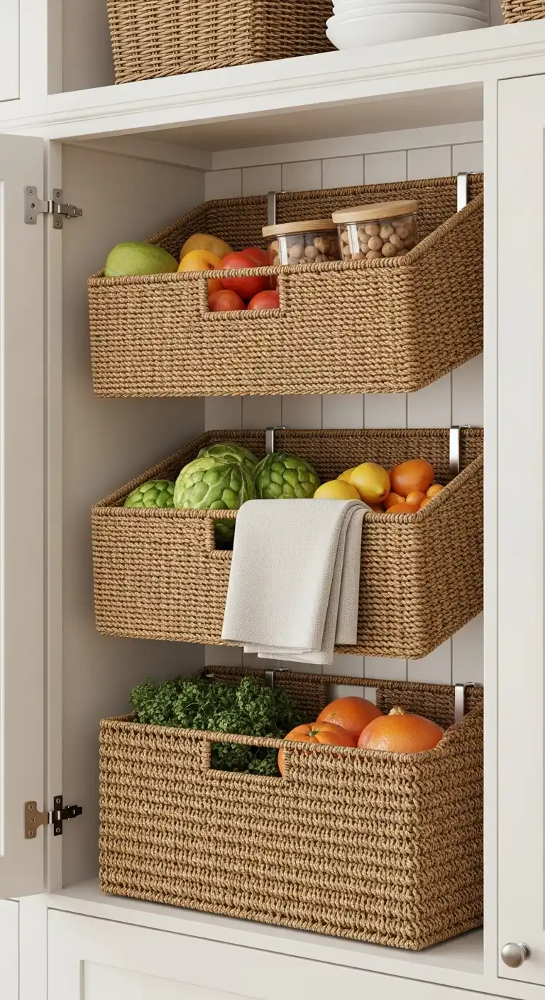 15 Clever Small Spaces Empty Kitchen Wall Ideas 13 12. Woven Baskets