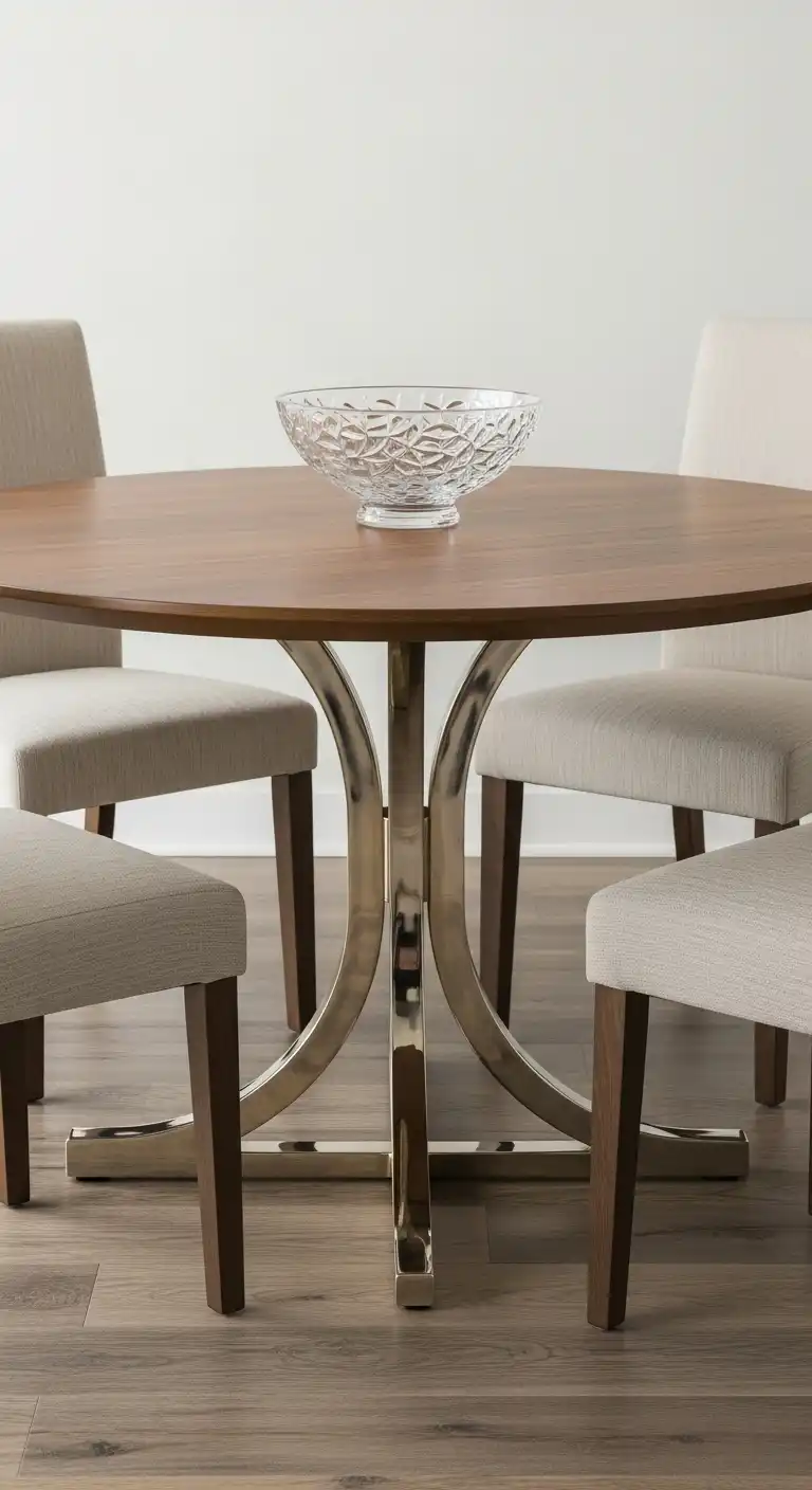 25 Elegant Round Dining Table Styling Ideas to Elevate Your Space 9 13 Metallic Base with Wood Top