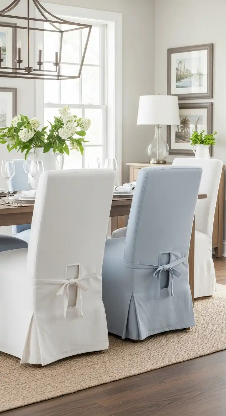 19 Breezy Coastal Dining Room Ideas 14 13 Opt for Slipcovered Dining Chairs
