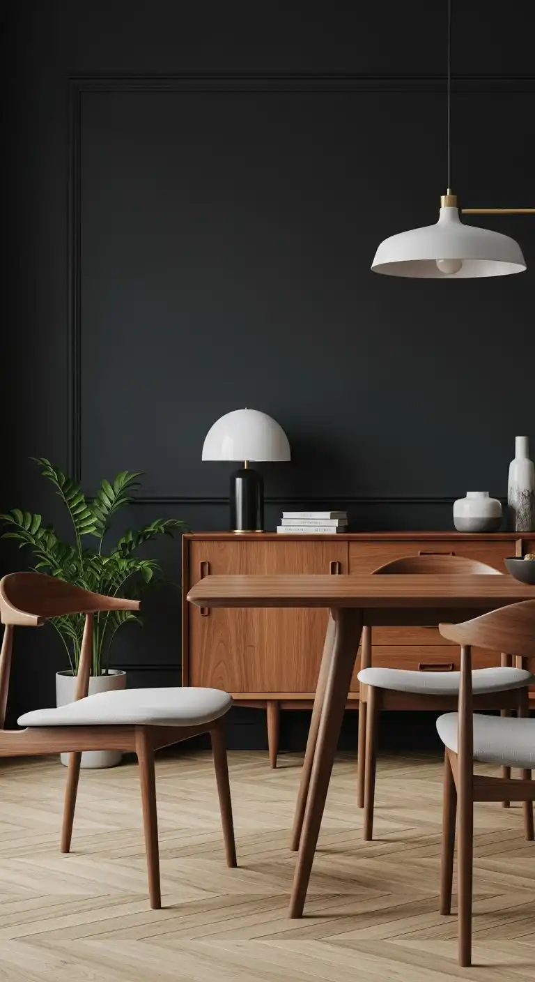 23 Elegant Moody Dining Room Ideas 17 16 Mid Century Modern Furniture for Contrast