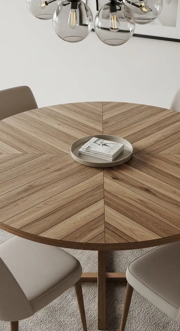 23 Chic Round Dining Table Ideas for Modern Interiors 18 17 Chevron Patterned Wood Table