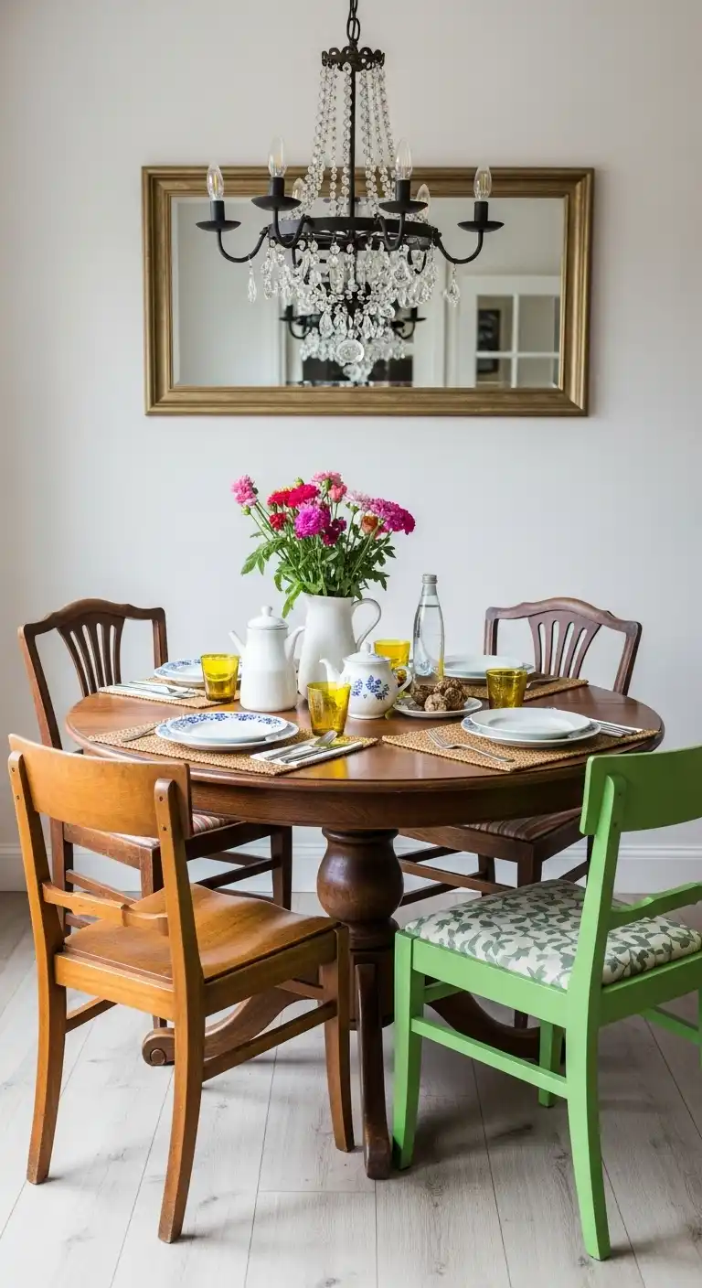 21 Practical Round Dining Table Arrangement Ideas for Everyday Comfort 18 17 Vintage Eclectic Dining Setup
