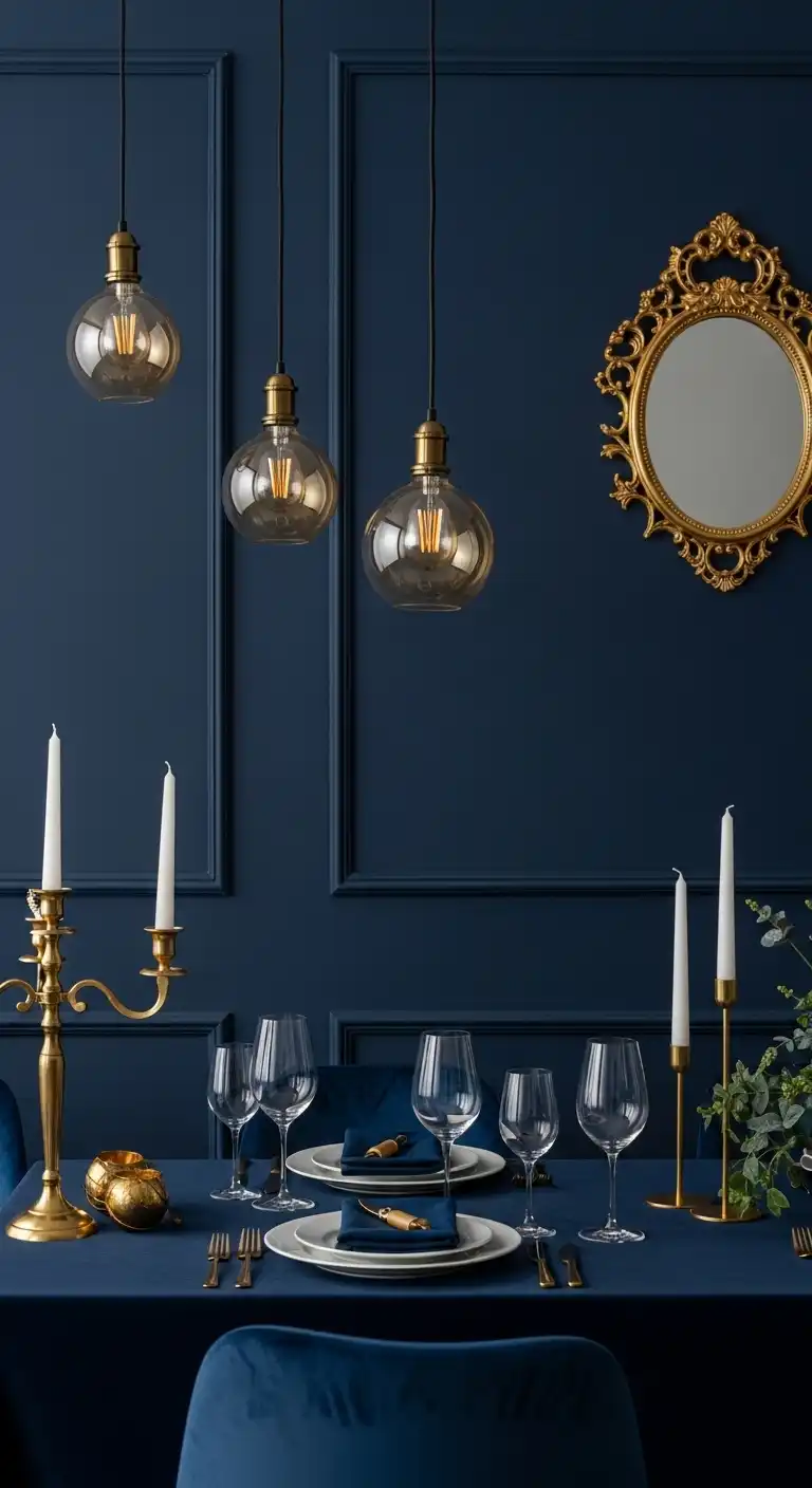 23 Elegant Moody Dining Room Ideas 3 2 Navy Blue Backdrop with Gold Accents