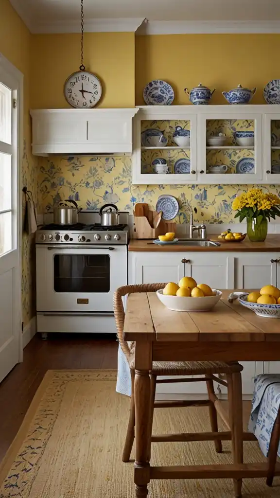 13 Vintage Yellow Kitchen Ideas to Brighten Your Home 3 2) Pale Yellow Walls with Toile Wallpaper Accents