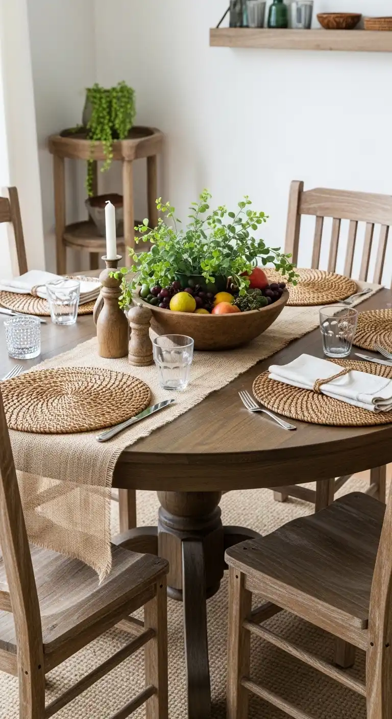 25 Elegant Round Dining Table Styling Ideas to Elevate Your Space 24 2 Rustic Woven Charm