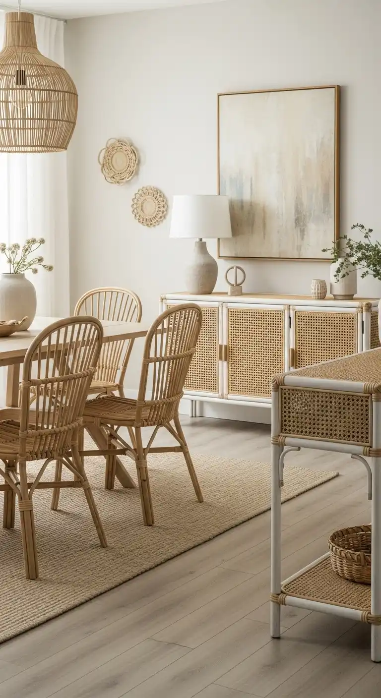 19 Breezy Coastal Dining Room Ideas 4 3 Add Woven Rattan Accents