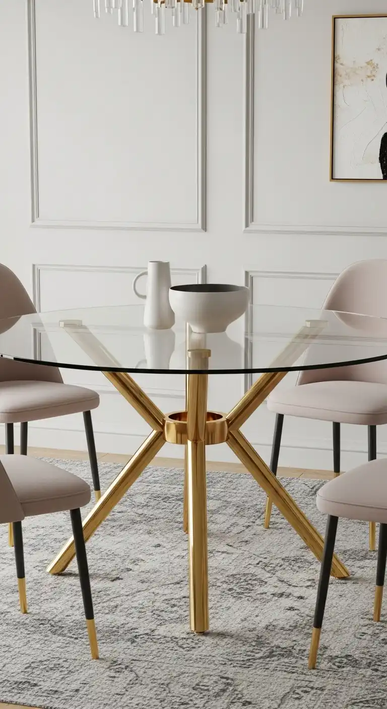 23 Chic Round Dining Table Ideas for Modern Interiors 4 3 Glass Top Table with Gold Accents
