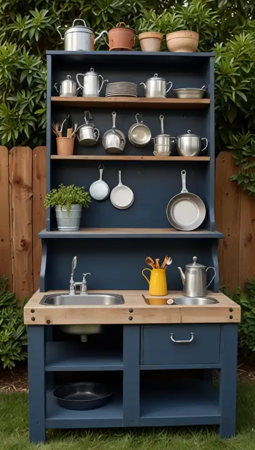 15 Creative Mud Kitchen Ideas for Outdoor Play and Learning 4 3) Upcycled Furniture Kitchen