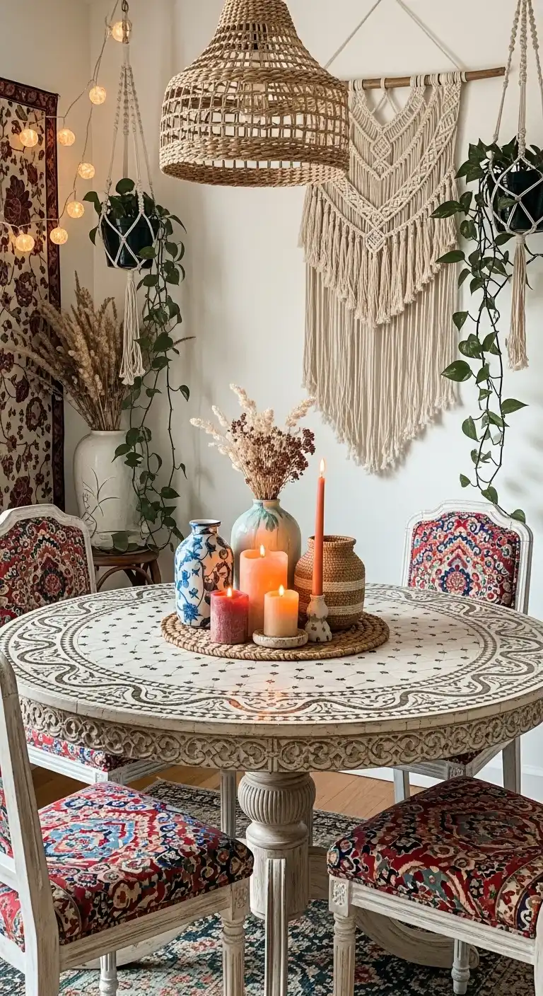 15 Cozy Round Dining Table Ideas for Kitchen Warmth 4 3. Bohemian Flair