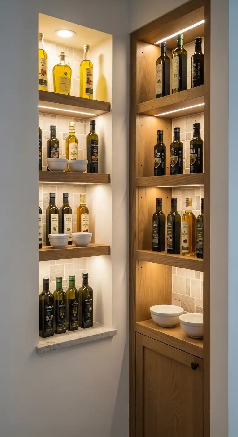 17 Functional Kitchen Nook Wall Ideas That Work Beautifully 6 Olive Oil & Vinegar Display Nook