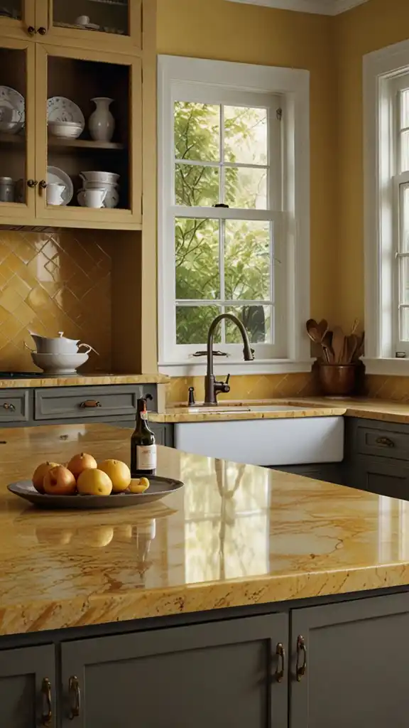 13 Vintage Yellow Kitchen Ideas to Brighten Your Home 6 5) Yellow Marble Countertops for Subtle Elegance