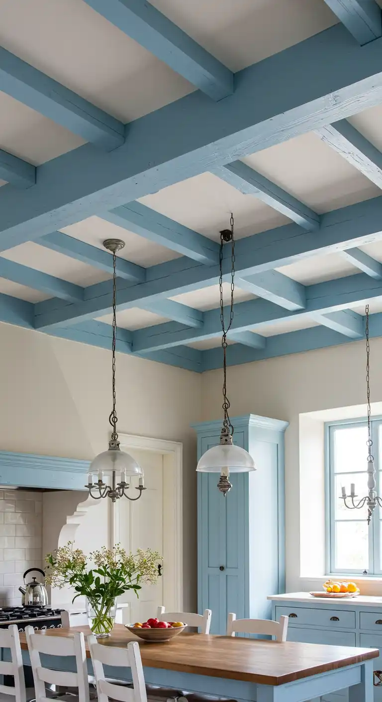15 Blue French Country Kitchen Ideas for a Charming and Timeless Look 7 6) Blue-Painted Wooden Beams