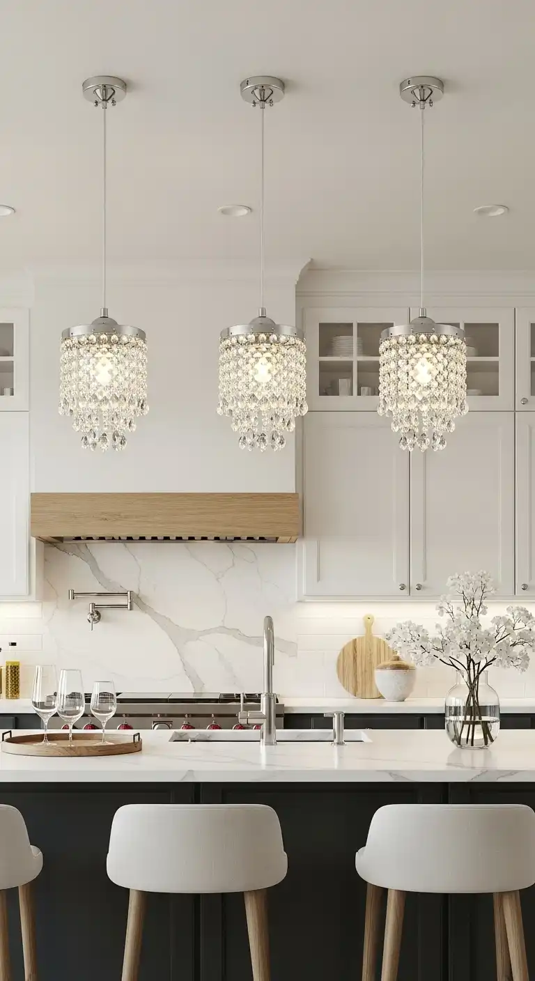 17 Stunning Kitchen Over Island Lighting Ideas That Instantly Impress 7 6 Crystal Drop Lights for Glamorous Touches