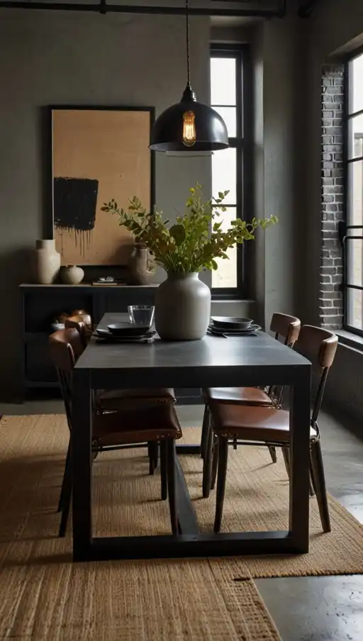 21 Chic Black Dining Table Decor Ideas That Make a Bold Statement 7 6 Industrial Edge with Concrete Elements