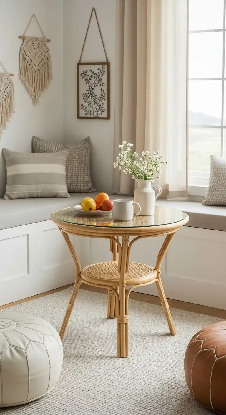 23 Space-Saving Small Round Dining Table Designs for Compact Homes 8 7 Boho Rattan Table