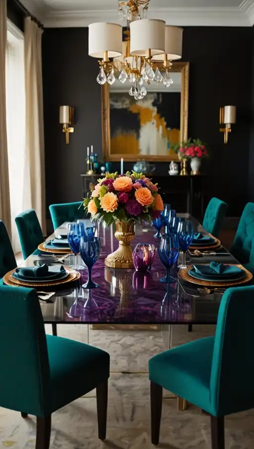 21 Chic Black Dining Table Decor Ideas That Make a Bold Statement 8 7 Vibrant Contrast with Jewel Tones
