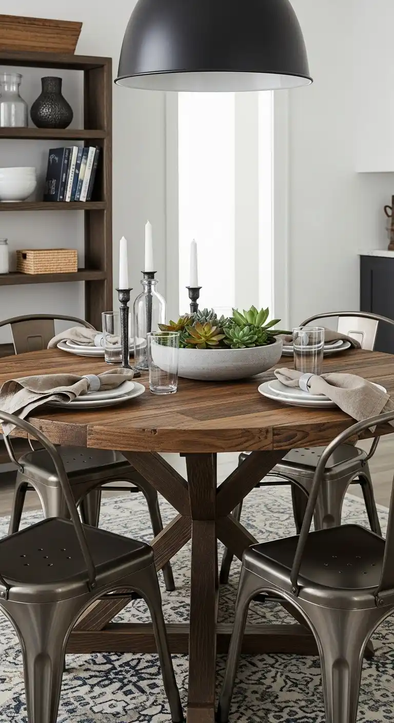 19 Cozy Round Dining Table Decor Styles for a Welcoming Vibe 9 8 Industrial Rustic Fusion