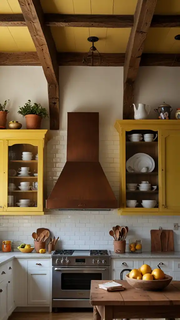 13 Vintage Yellow Kitchen Ideas to Brighten Your Home 9 8) Yellow Ceiling Beams for Rustic Charm