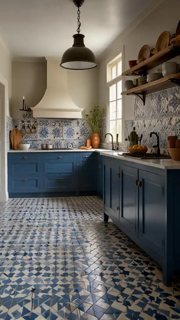 15 Blue French Country Kitchen Ideas for a Charming and Timeless Look 10 9) Blue and White Patterned Floor Tiles
