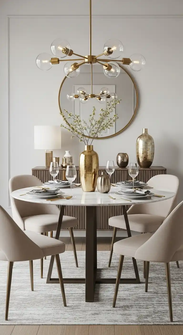21 Practical Round Dining Table Arrangement Ideas for Everyday Comfort 10 9 Soft Glam Round Dining Arrangement