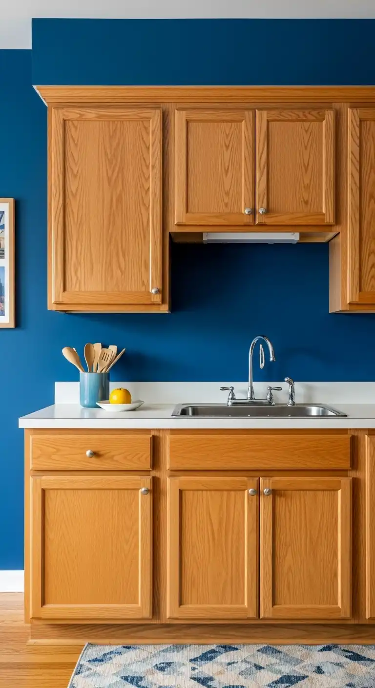 A Bold Canvas Blue Walls Meet Honey Oak