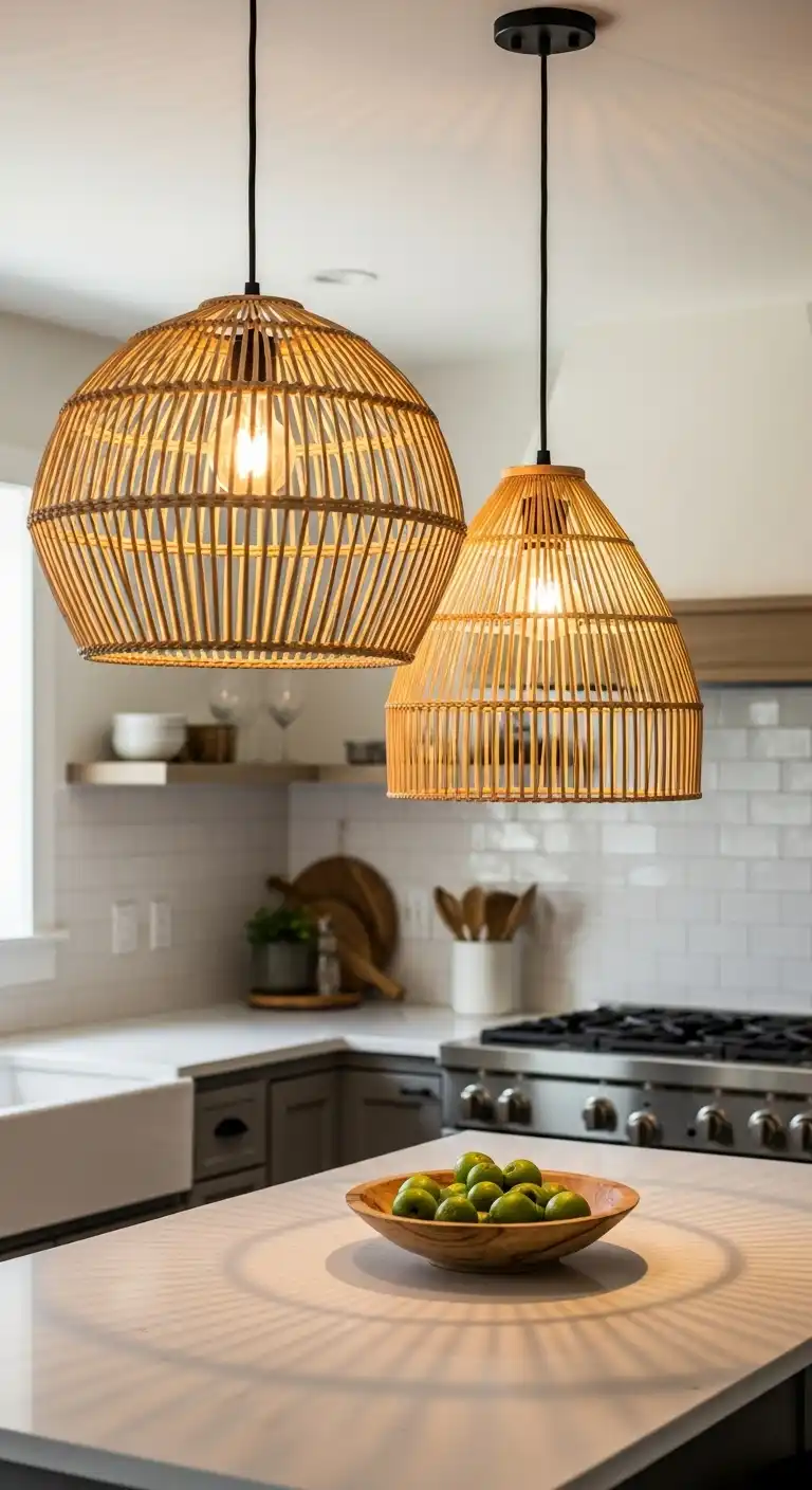 19 Elegant Kitchen Island Lighting Ideas for a Classy Glow 8 Bamboo or Rattan Pendant Shades