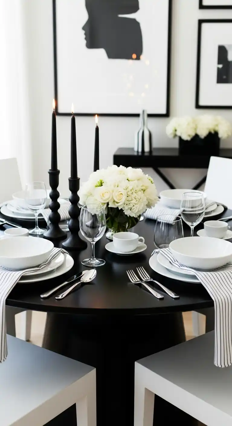 25 Elegant Round Dining Table Styling Ideas to Elevate Your Space 23 Black White Drama