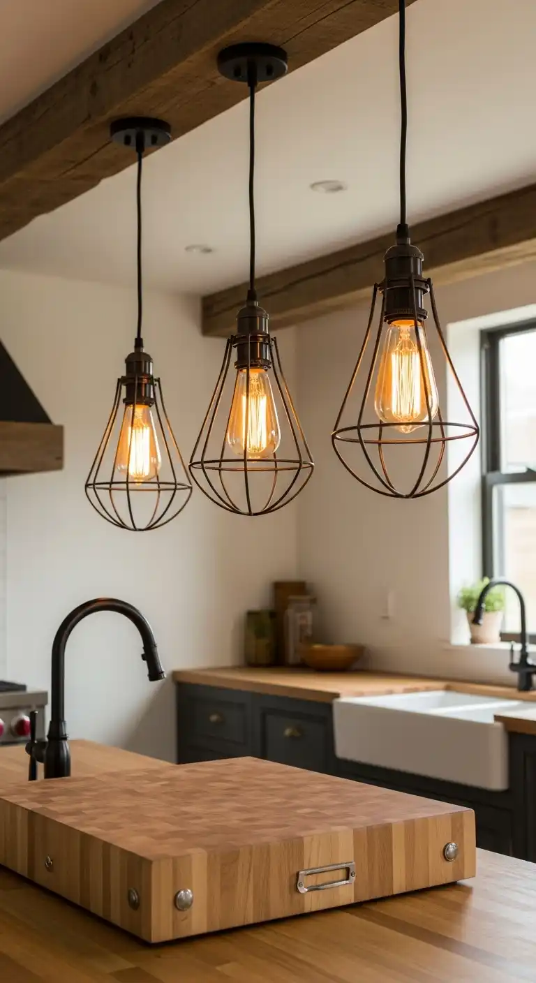 19 Elegant Kitchen Island Lighting Ideas for a Classy Glow 9 Cage Pendant Lights with Edison Bulbs