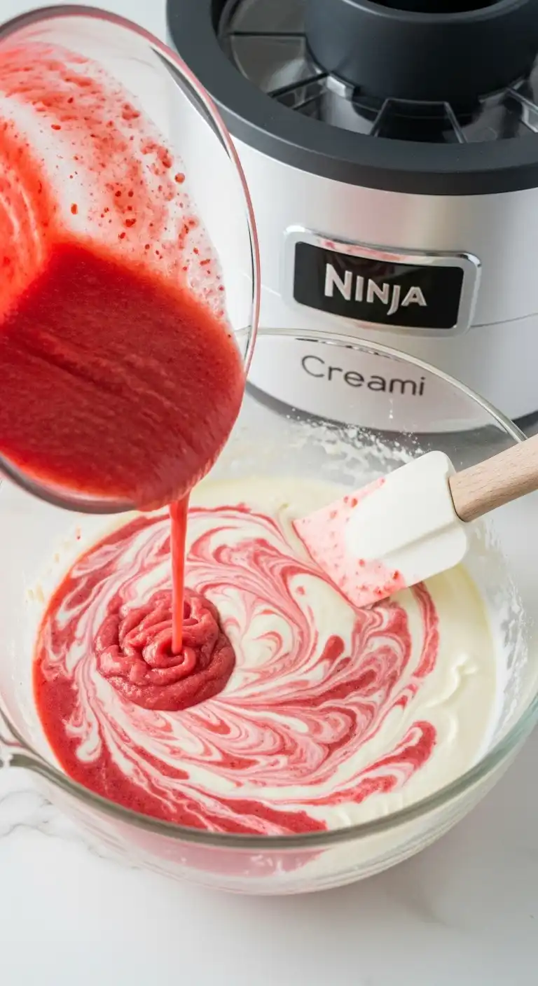 Combining Strawberry Puree and Cream