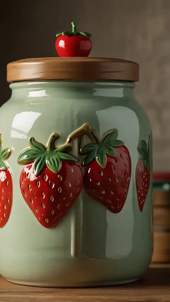 13 Strawberry Kitchen Decor Ideas for a Fresh and Charming Space 4 Strawberry Ceramic Cookie JarA strawberr 2