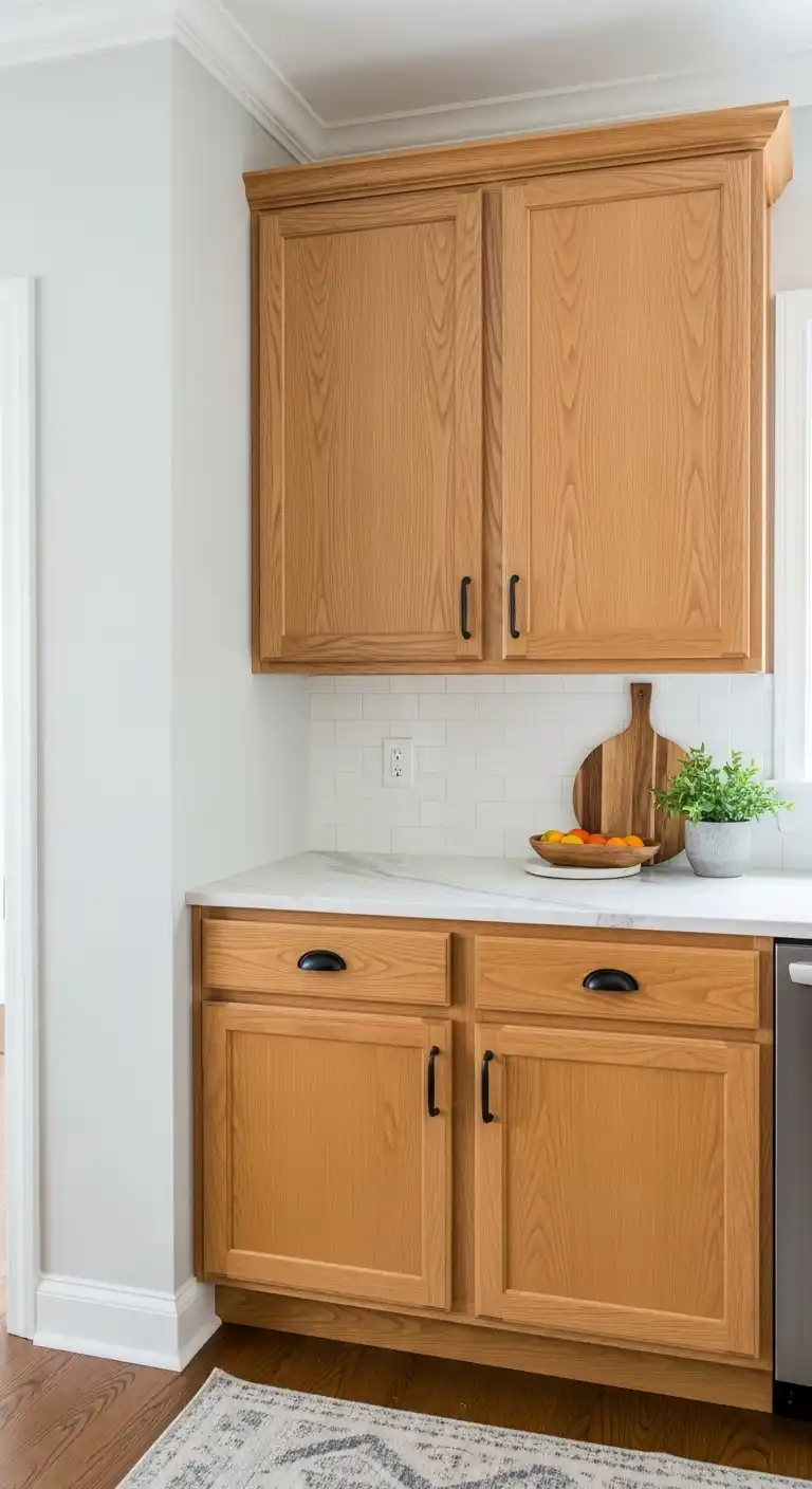 17 Stunning Orange Oak Cabinet Makeover Ideas 2 1 Keep Cabinets Natural and Update Surroundings